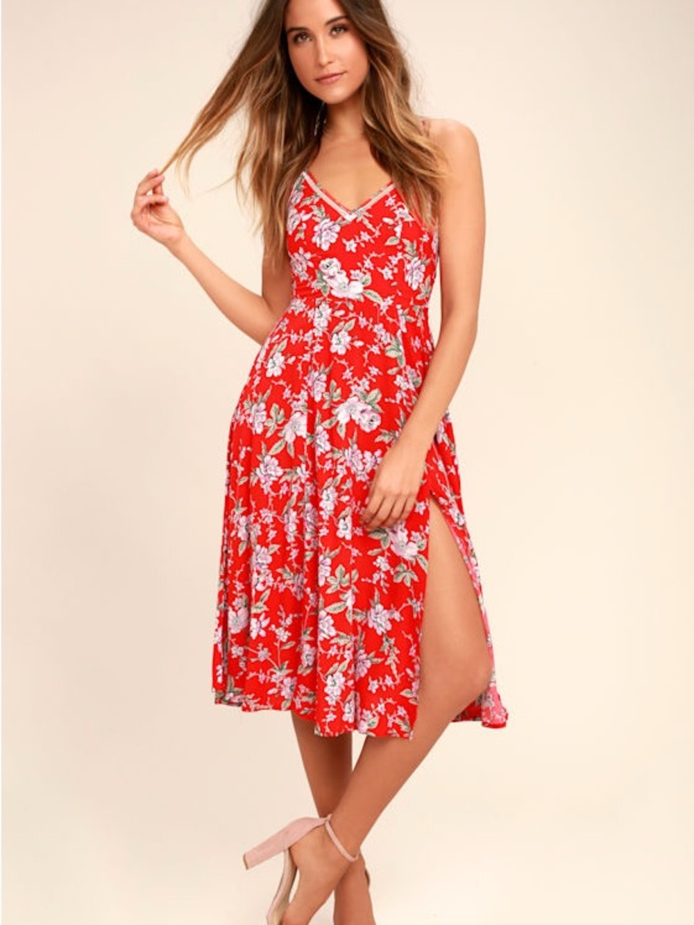 Lulu’s Esperanza Red Floral Print Midi Dress